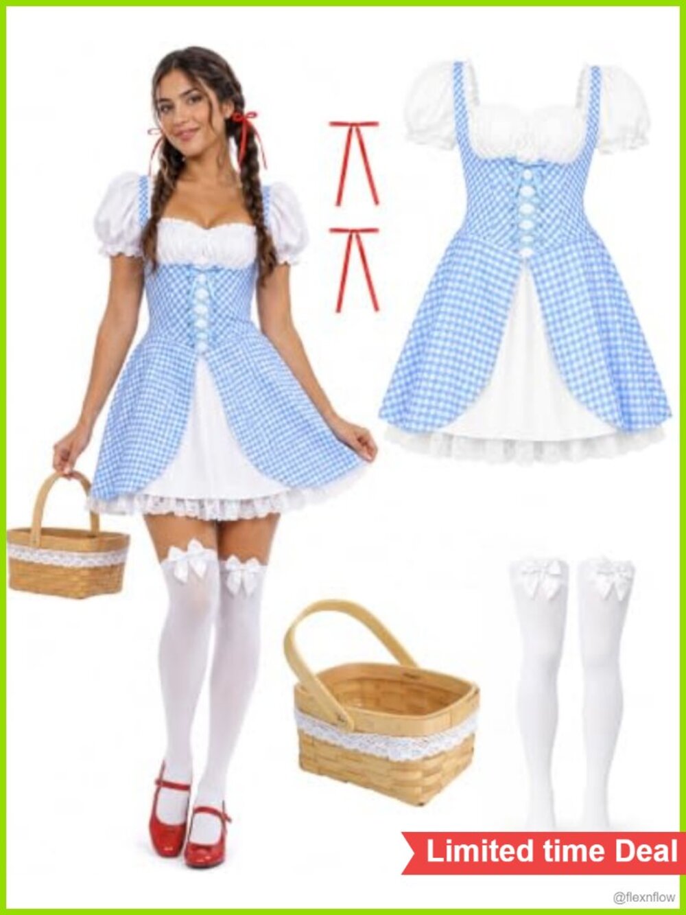 4Pc Gingham Dress Costume Set with Basket Hair Ribbons Knee High Socks